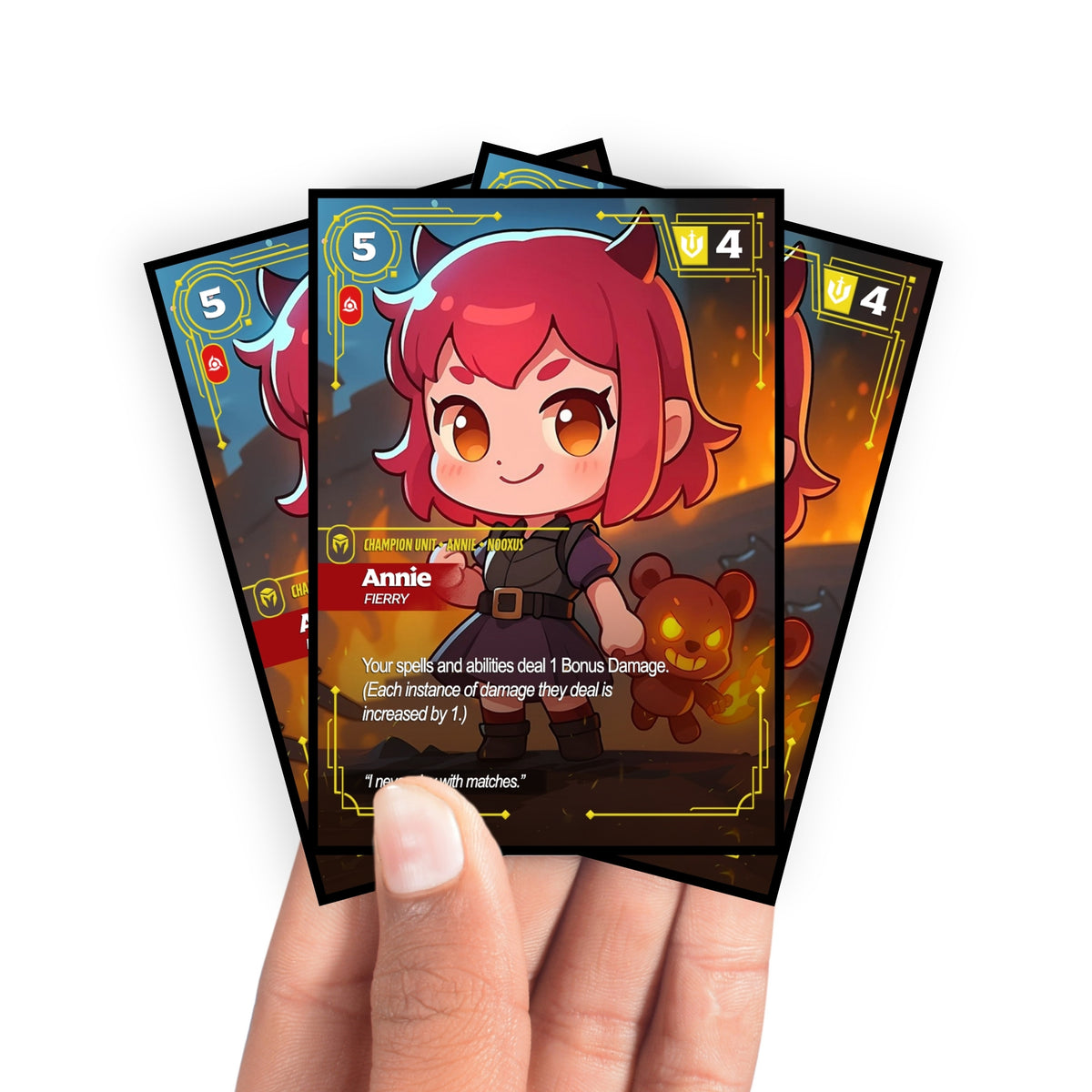 Enhance your cards with our elegant black border card sleeves, featuring a sleek, sophisticated design for a bold, modern aesthetic. From LDB Duel. Perfect for showcasing your collection, these sleeves are printed with our exclusive Annie Fierry design. Pyromania-anime-yugioh-mtg-pokemon-card-protection-standard-japanese-dragon-shield-LDB-Duel-black