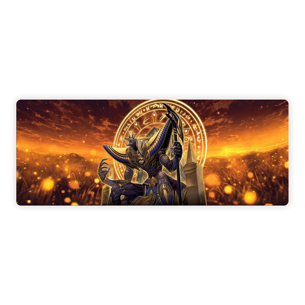 Level up your gaming setup from the LDB Duel featuring our exclusive Anubis mouse pad! Designed for gamers who value precision and comfort, this 31x12 inch masterpiece boasts a soft cloth surface for ultra-smooth tracking and a non-slip rubber base for stability during intense battles. Stylish, durable, and machine washable, it's the ultimate accessory for your desk.Odion-yugioh-mtg-pokemon-custom-artwork-premium-durable-rubber-ldb-duel