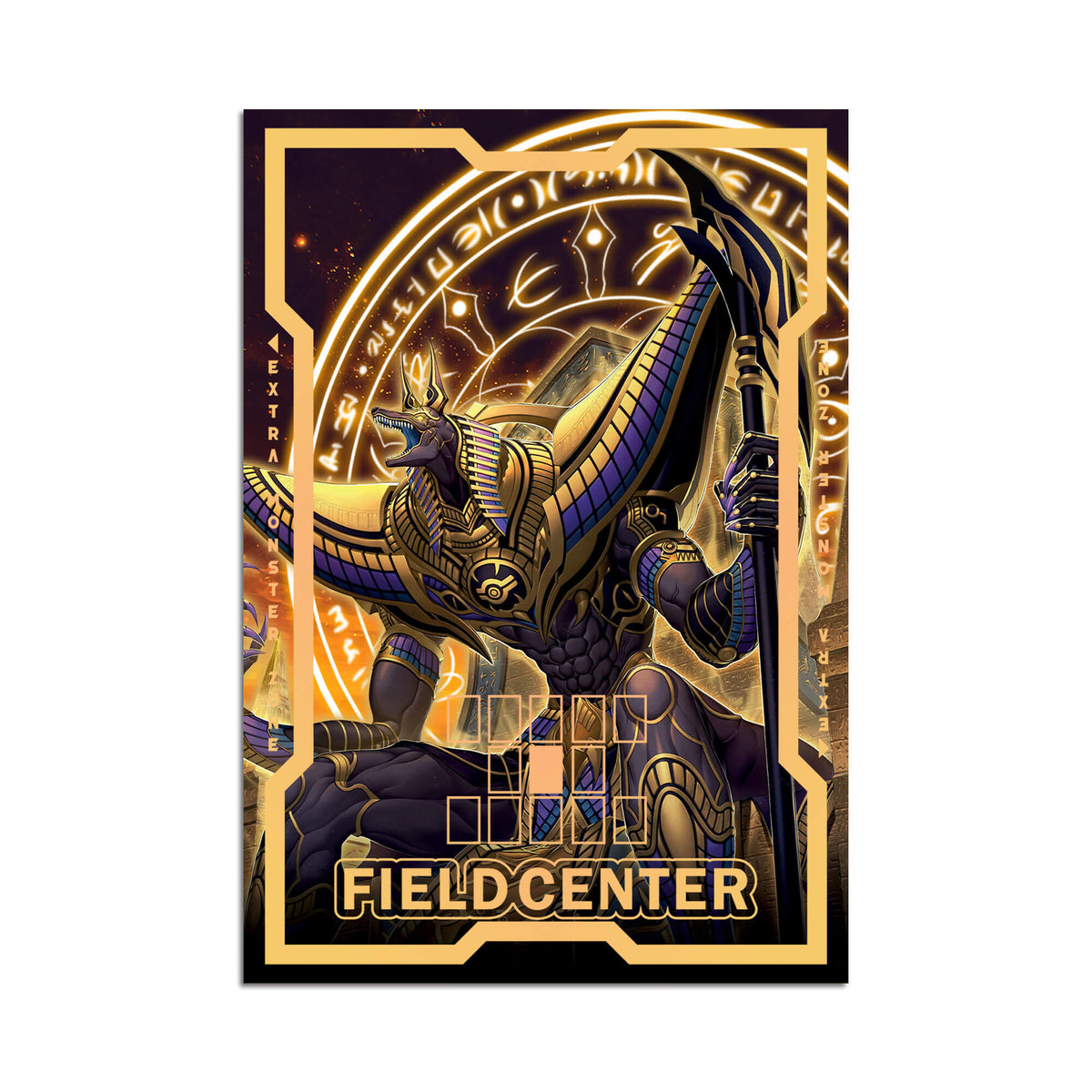 Level up your game with our custom-printed metal field centers, featuring exclusive Anubis artwork in gold metal. Durable, scratch-resistant, and embossed with the iconic Yu-Gi-Oh! card back, these slim field centers fit perfectly in card sleeves. Odion-yugioh-mtg-pokemon-metal-card-embossed-design-custom-artwork-duel-accessories-ldb-duel