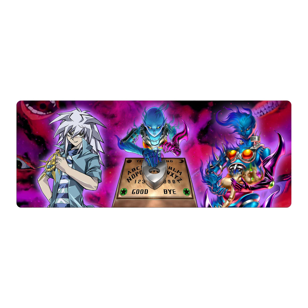 Level up your gaming setup from the LDB Duel featuring our exclusive Bakura's Necrofear Mouse Pad! Designed for gamers who value precision and comfort, this 31x12 inch masterpiece boasts a soft cloth surface for ultra-smooth tracking and a non-slip rubber base for stability during intense battles. Stylish, durable, and machine washable, it's the ultimate accessory for your desk.Shadow-Necrofear-yugioh-mtg-pokemon-custom-artwork-premium-durable-rubber-ldb-duel