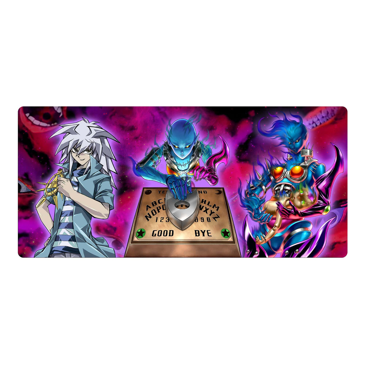 Elevate your gaming experience with LDB Duel featuring our exclusive Bakura's Necrofear mouse pad! Crafted with a smooth cloth surface for unparalleled mouse accuracy and a non-slip rubber base for rock-solid stability, this 35x16-inch masterpiece combines stunning design with top-tier functionality. And with its machine-washable build, keeping it clean is a breeze!Bakura-Ryou-yugioh-mtg-pokemon-custom-artwork-premium-durable-rubber-ldb-duel