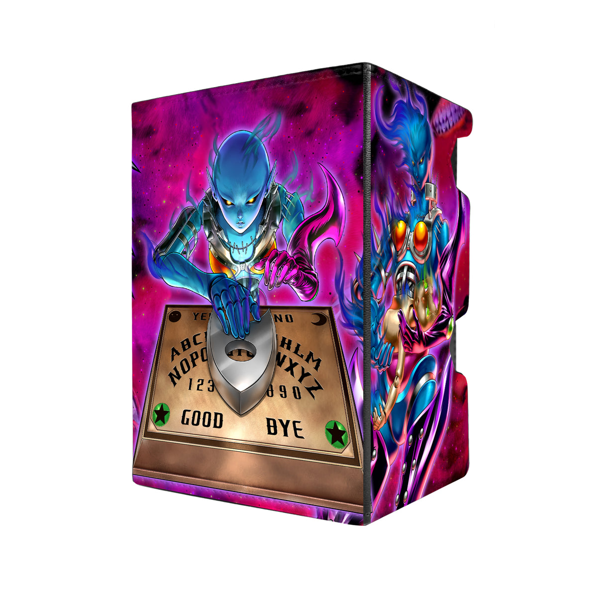 Here's another quality black deck box from LDB Duel featuring our exclusive Bakura's Final Countdown Necrofear art. Fits all types of trading card games, including Yu-Gi-Oh!. The perfect card holder for the TCG player safely holds up to 100 double-sleeved cards. EVEN in extra thick sleeves. Comes with a pull-out dice tray. Bakura-Ryou-yugioh-tcg-accessories-card-storage-LDB-Duel