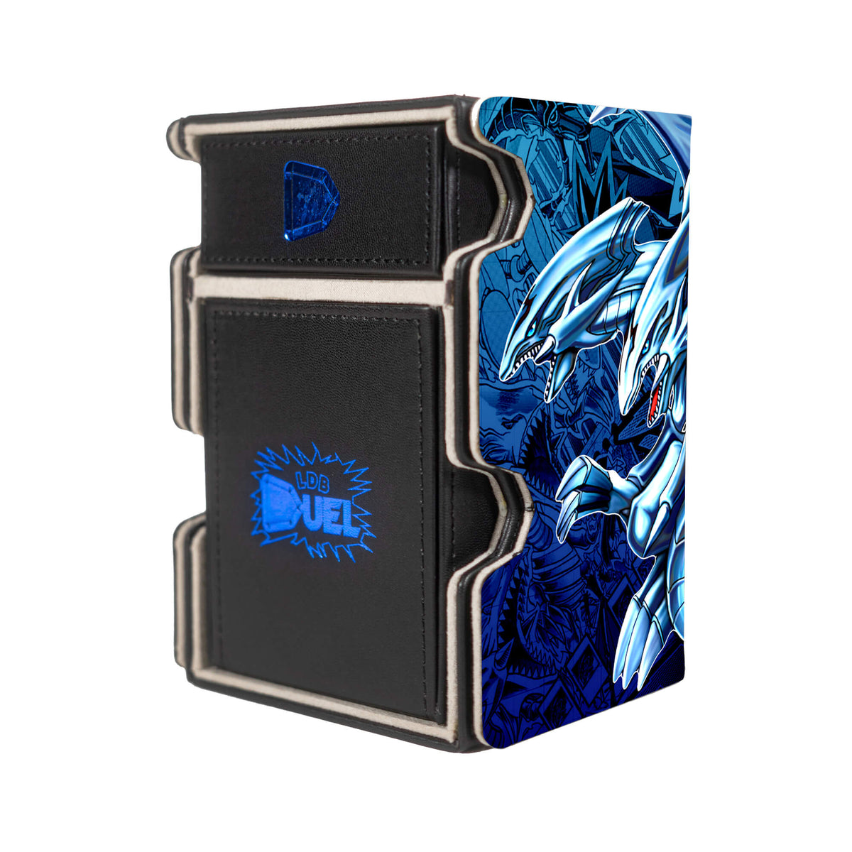 Here is the Right View of the Blue-Eyes Dragon Kaiba Mach 3 Black Deck Box. Anti-Hero-yugioh-deck-tray-dice-tray-LDB-Duel