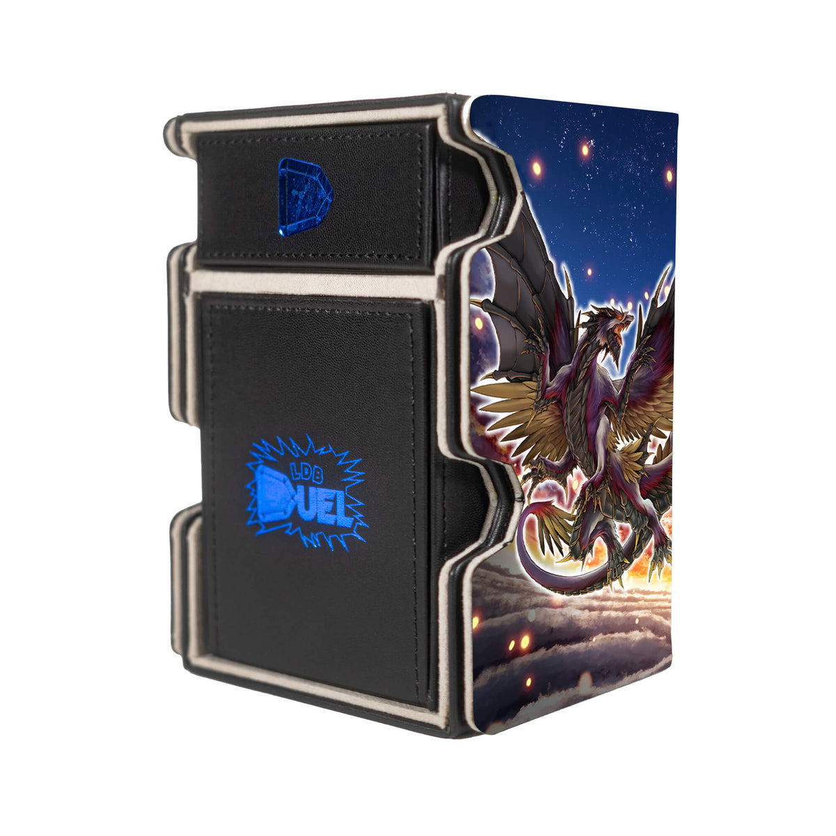 Here is the Right View of the Buster Blader Archetype Mach 3 Black Deck Box. Destruction-Swordsman-yugioh-deck-tray-dice-tray-LDB-Duel