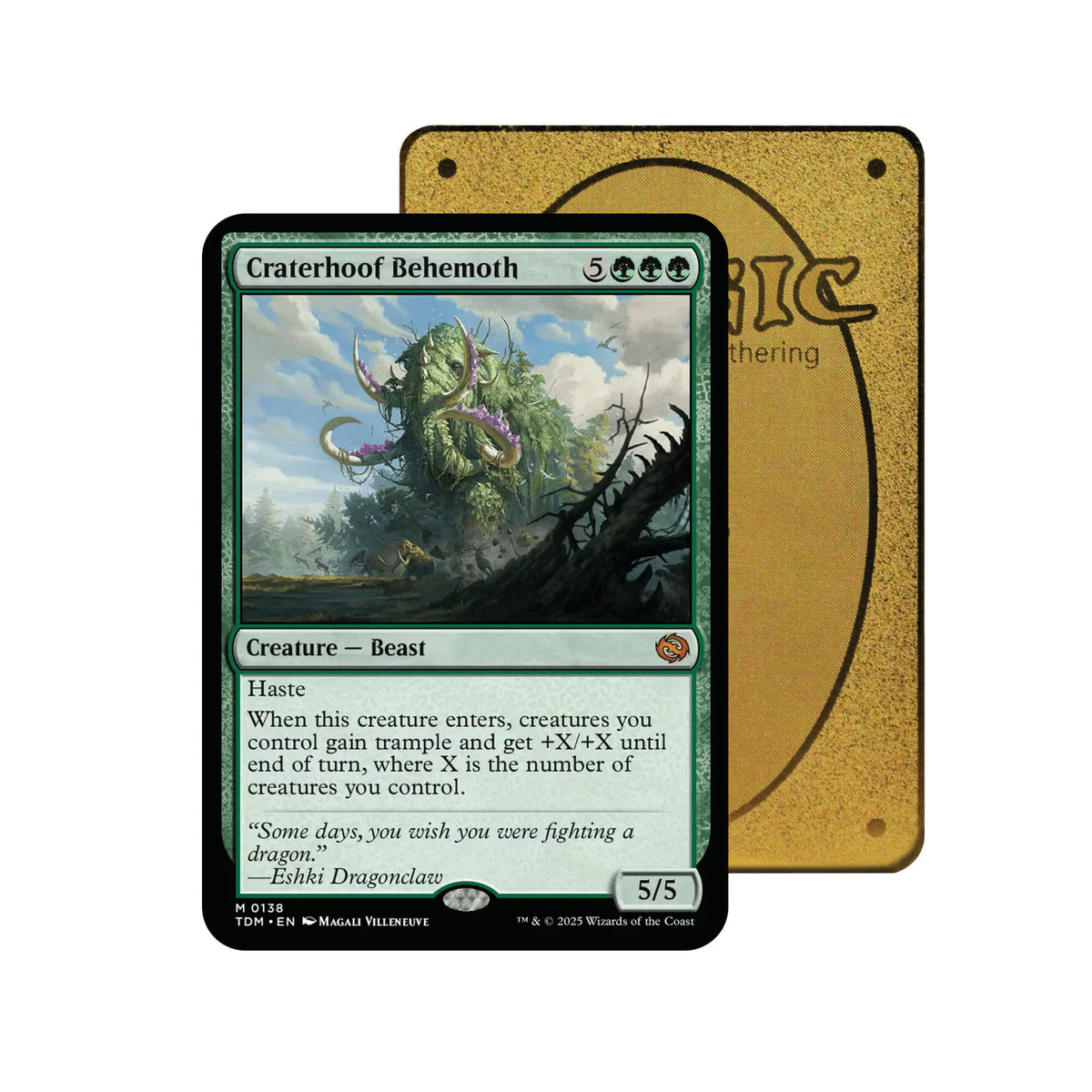 Level up your game with our custom-printed metal orica cards, featuring exclusive Craterhoof Behemoth artwork in gold metal. Durable, scratch-resistant, and embossed with the iconic Yu-Gi-Oh! card back, these slim orica cards fit perfectly in card sleeves. Beast-mtg-yugioh-pokemon-metal-card-embossed-design-custom-artwork-duel-accessories-ldb-duel