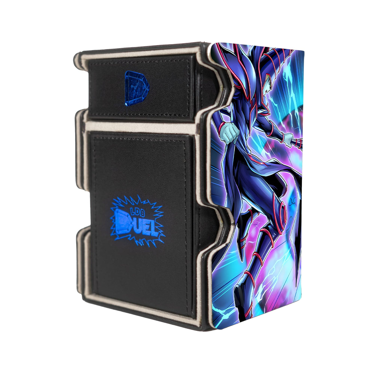 Here is the Right View of the Dark Magician of Destruction Mach 3 Black Deck Box. Gandora-yugioh-deck-tray-dice-tray-LDB-Duel