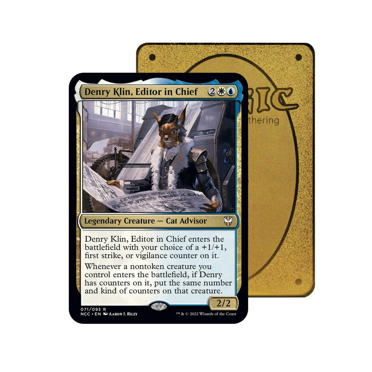 Level up your game with our custom-printed metal orica cards, featuring exclusive Denry Klin, Editor in Chief artwork in gold metal. Durable, scratch-resistant, and embossed with the iconic Yu-Gi-Oh! card back, these slim orica cards fit perfectly in card sleeves. Cat-Advisor-mtg-yugioh-pokemon-metal-card-embossed-design-custom-artwork-duel-accessories-ldb-duel