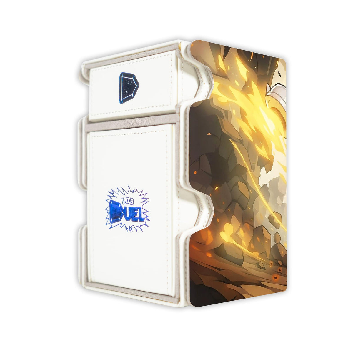 Here is the Right View of the Dogmatika Ecclesia, the Virtuous Mach 3 White Deck Box. Dogmatika-yugioh-deck-tray-dice-tray-LDB-Duel