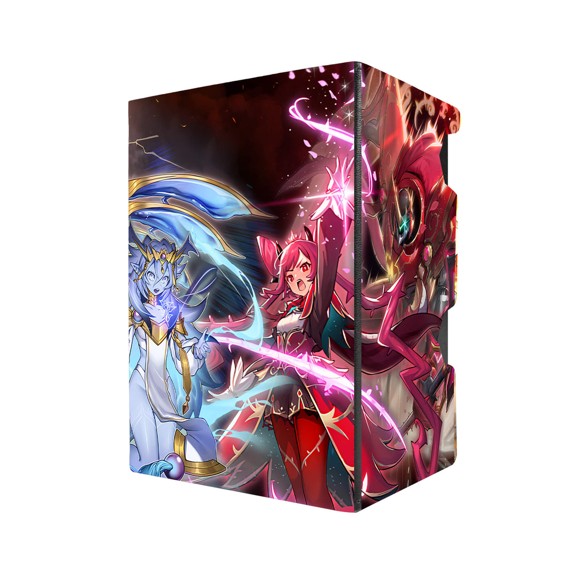Here's another quality black deck box from LDB Duel featuring our exclusive Dominus Archetype art. Fits all types of trading card games, including Pokémon, Yu-Gi-Oh! and Magic The Gathering. The perfect card holder for the TCG player safely holds up to 100 double-sleeved cards. EVEN in extra thick sleeves. Comes with a pull-out dice tray. Dark-yugioh-tcg-accessories-card-storage-LDB-Duel