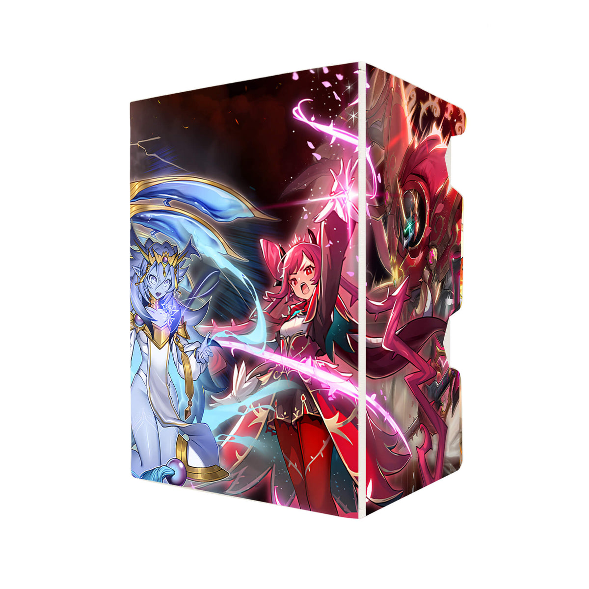 Here's another quality white deck box from LDB Duel featuring our exclusive Dominus Archetype art. Fits all types of trading card games, including Pokémon, Yu-Gi-Oh! and Magic The Gathering. The perfect card holder for the TCG player safely holds up to 100 double-sleeved cards. EVEN in extra thick sleeves. Comes with a pull-out dice tray. Light-ygo-magic-digimon-card-protector-gaming-accesories-LDB-Duel