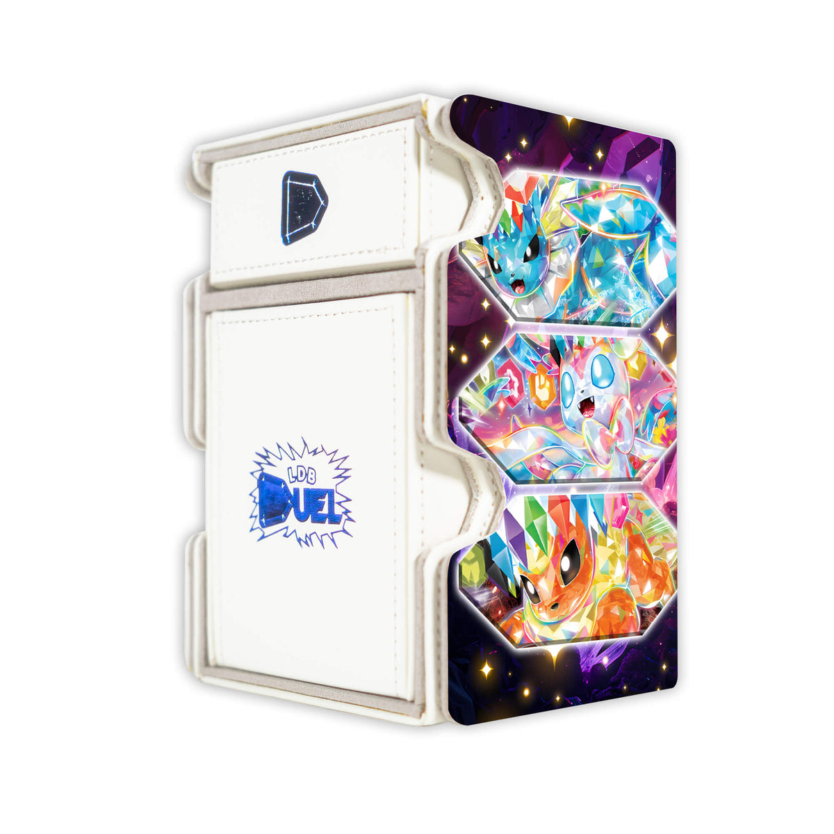 Here is the Right View of the Eevee Evolutions Mach 3 White Deck Box. Jolteon-pokemon-deck-tray-dice-tray-LDB-Duel