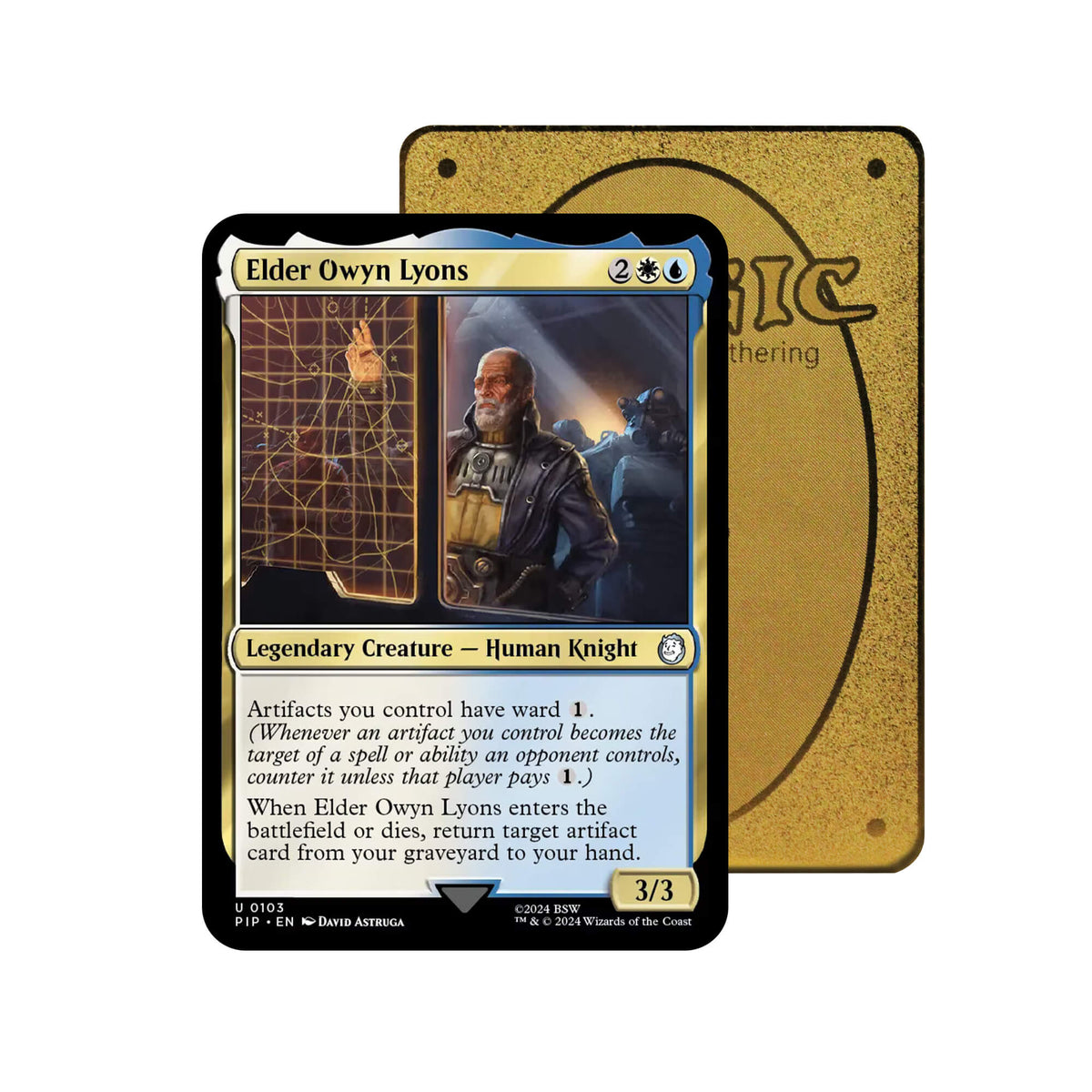Level up your game with our custom-printed metal orica cards, featuring exclusive Elder Owyn Lyons artwork in gold metal. Durable, scratch-resistant, and embossed with the iconic Yu-Gi-Oh! card back, these slim orica cards fit perfectly in card sleeves. Human-Knight-mtg-yugioh-pokemon-metal-card-embossed-design-custom-artwork-duel-accessories-ldb-duel