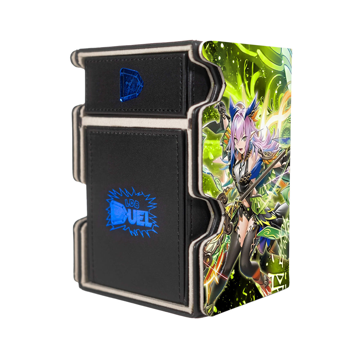 Here is the Right View of the Elfnote Archetype Mach 3 Black Deck Box. Lucina-yugioh-deck-tray-dice-tray-LDB-Duel