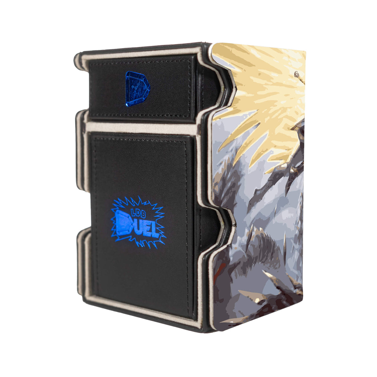 Here is the Right View of the Elspeth's Smite Mach 3 Black Deck Box. Instant-mtg-deck-tray-dice-tray-LDB-Duel