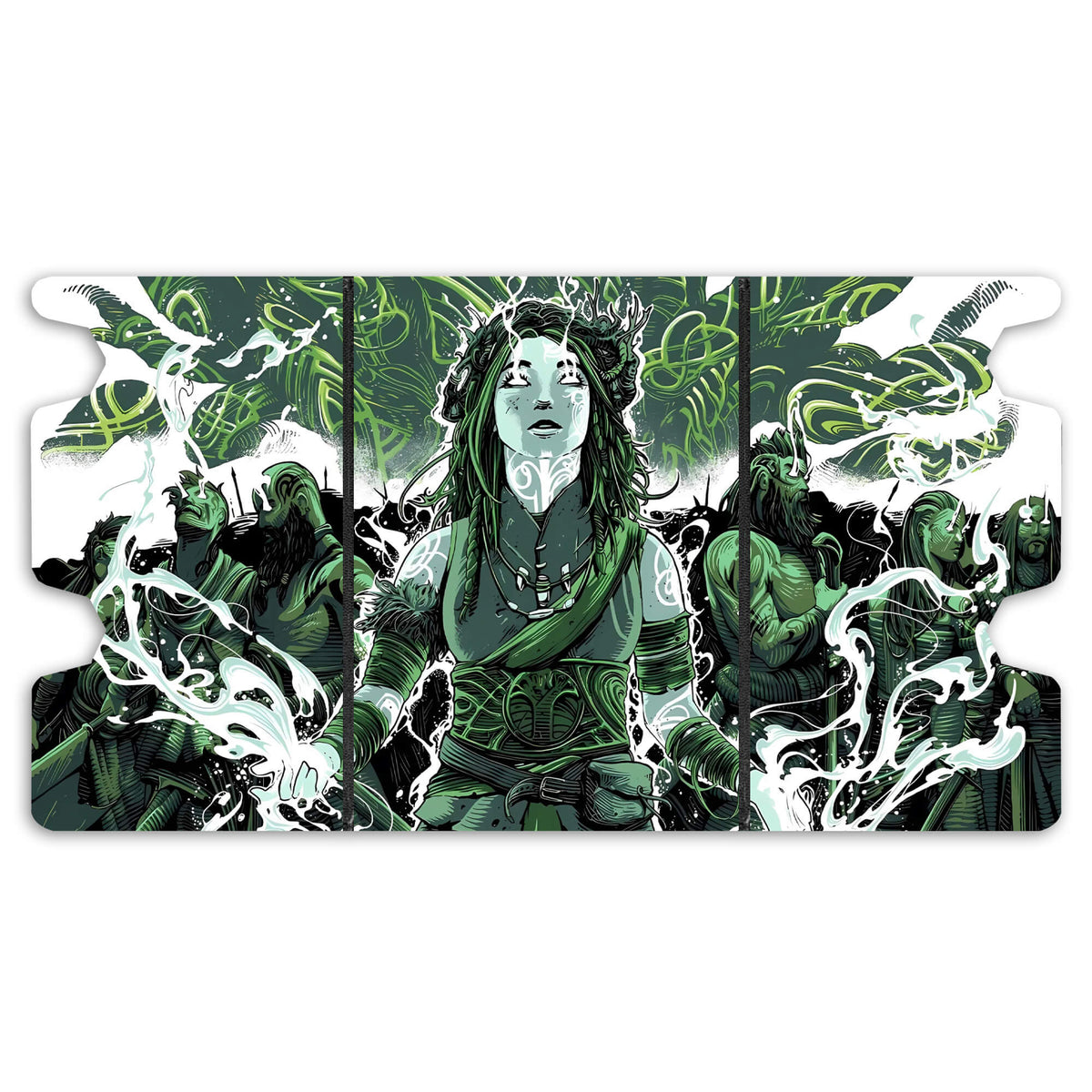 "Here is the Full Lid Design of the Esika, God of the Tree
Mach 3 Black Deck Box. Mistrise-Village-mtg-custom-art-leather-durable-LDB-Duel"
