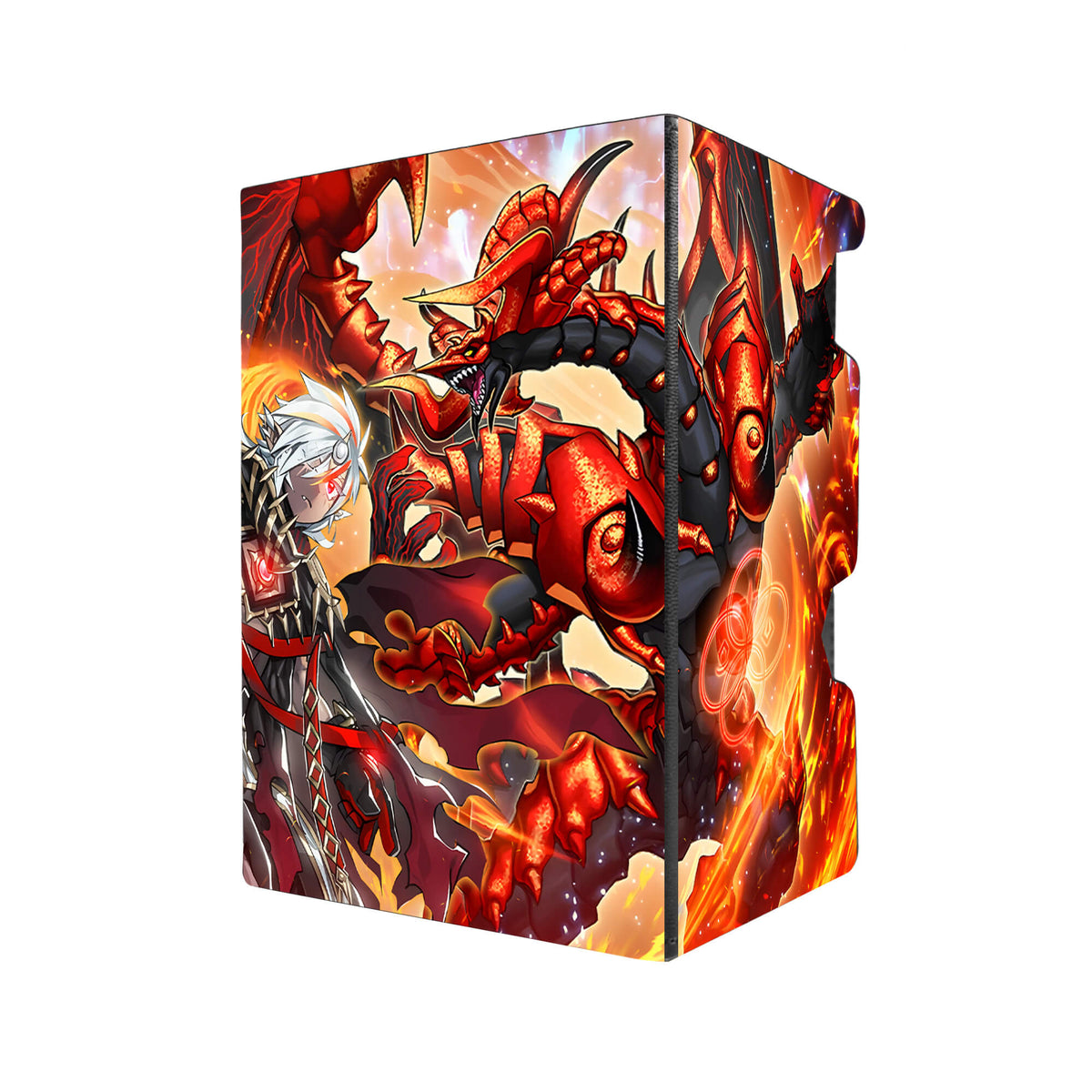 Here's another quality black deck box from LDB Duel featuring our exclusive Fallen of Albaz art. Fits all types of trading card games, including Pokémon, Yu-Gi-Oh! and Magic The Gathering. The perfect card holder for the TCG player safely holds up to 100 double-sleeved cards. EVEN in extra thick sleeves. Comes with a pull-out dice tray. Alba-Lenatus-yugioh-tcg-accessories-card-storage-LDB-Duel