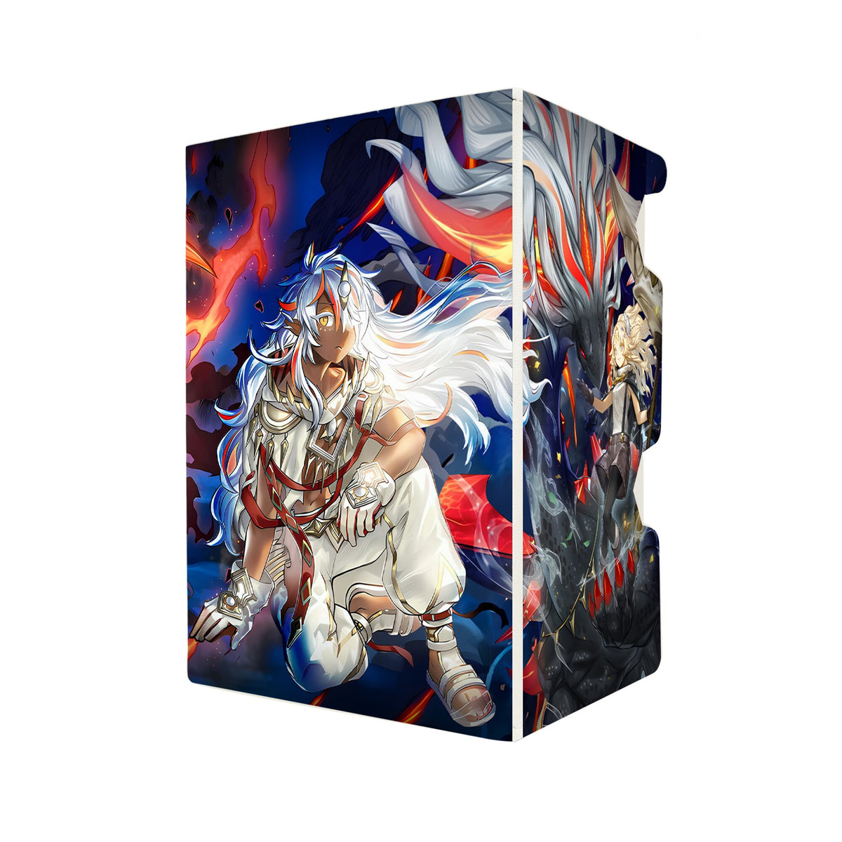 Here's another quality white deck box from LDB Duel featuring our exclusive Fallen of the White Dragon art. Fits all types of trading card games, including Pokémon, Yu-Gi-Oh! and Magic The Gathering. The perfect card holder for the TCG player safely holds up to 100 double-sleeved cards. EVEN in extra thick sleeves. Comes with a pull-out dice tray. Albaz-ygo-magic-digimon-card-protector-gaming-accesories-LDB-Duel