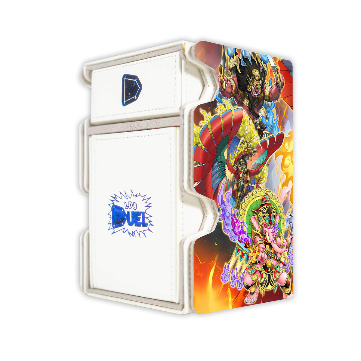 Here is the Right View of the Fire King Archetype Mach 3 White Deck Box. Barong-yugioh-deck-tray-dice-tray-LDB-Duel