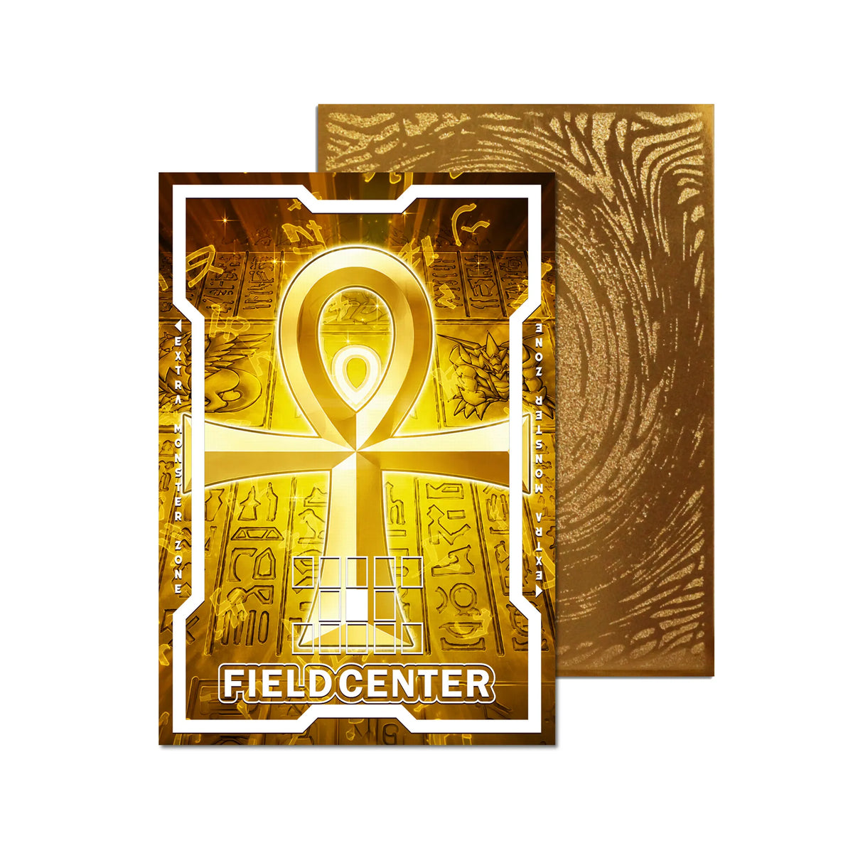 Level up your game with our custom-printed metal field centers, featuring exclusive Golden Ankh artwork in gold metal. Durable, scratch-resistant, and embossed with the iconic Yu-Gi-Oh! card back, these slim field centers fit perfectly in card sleeves. Ankh-yugioh-metal-card-embossed-design-custom-artwork-duel-accessories-ldb-duel