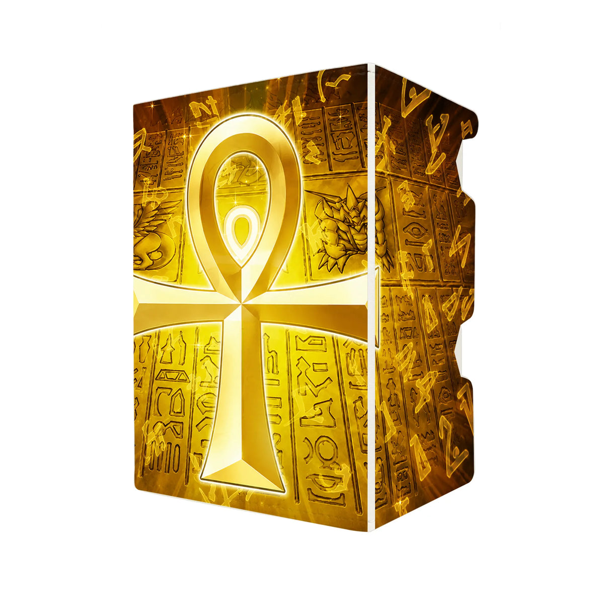 Here's another quality white deck box from LDB Duel featuring our exclusive Golden Ankh art. Fits all types of trading card games, including Pokémon, Yu-Gi-Oh! and Magic The Gathering. The perfect card holder for the TCG player safely holds up to 100 double-sleeved cards. EVEN in extra thick sleeves. Comes with a pull-out dice tray. Ankh-yugioh-tcg-accessories-card-storage-LDB-Duel