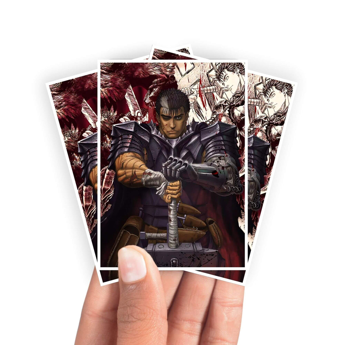 Protect and enhance your cards with our clean and crisp white border card sleeves. Featuring a minimalist design that complements any artwork, these sleeves offer a bright, timeless look. From LDB Duel. Printed with our exclusive Guts design for a fresh and premium finish. Black-Swordsman-anime-yugioh-mtg-pokemon-card-protection-standard-japanese-dragon-shield-LDB-Duel-white