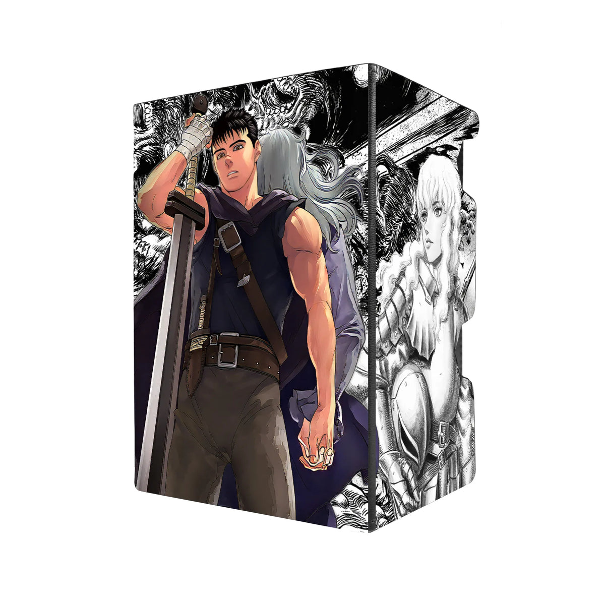 Here's another quality black deck box from LDB Duel featuring our exclusive Guts and Griffith art. Fits all types of trading card games, including Pokémon, Yu-Gi-Oh! and Magic The Gathering. The perfect card holder for the TCG player safely holds up to 100 double-sleeved cards. EVEN in extra thick sleeves. Comes with a pull-out dice tray. Berserk-anime-tcg-accessories-card-storage-LDB-Duel