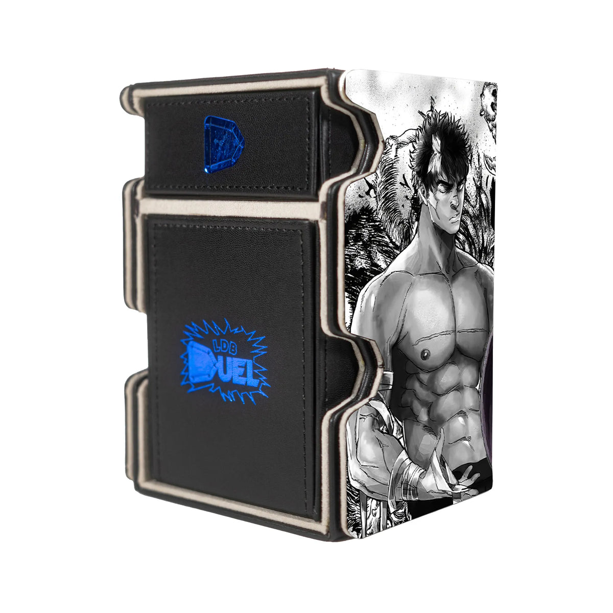 Here is the Right View of the Guts and Griffith Mach 3 Black Deck Box. Guts-anime-deck-tray-dice-tray-LDB-Duel