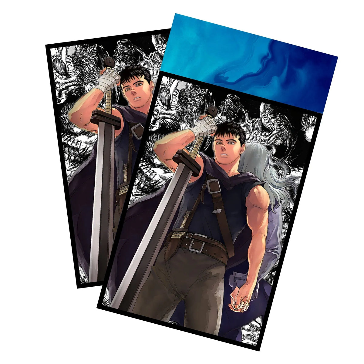 Enhance your cards with our elegant black border card sleeves, featuring a sleek, sophisticated design for a bold, modern aesthetic. From LDB Duel. Perfect for showcasing your collection, these sleeves are printed with our exclusive Guts and Griffith design. Guts-anime-card-protection-standard-japanese-dragon-shield-LDB-Duel-black