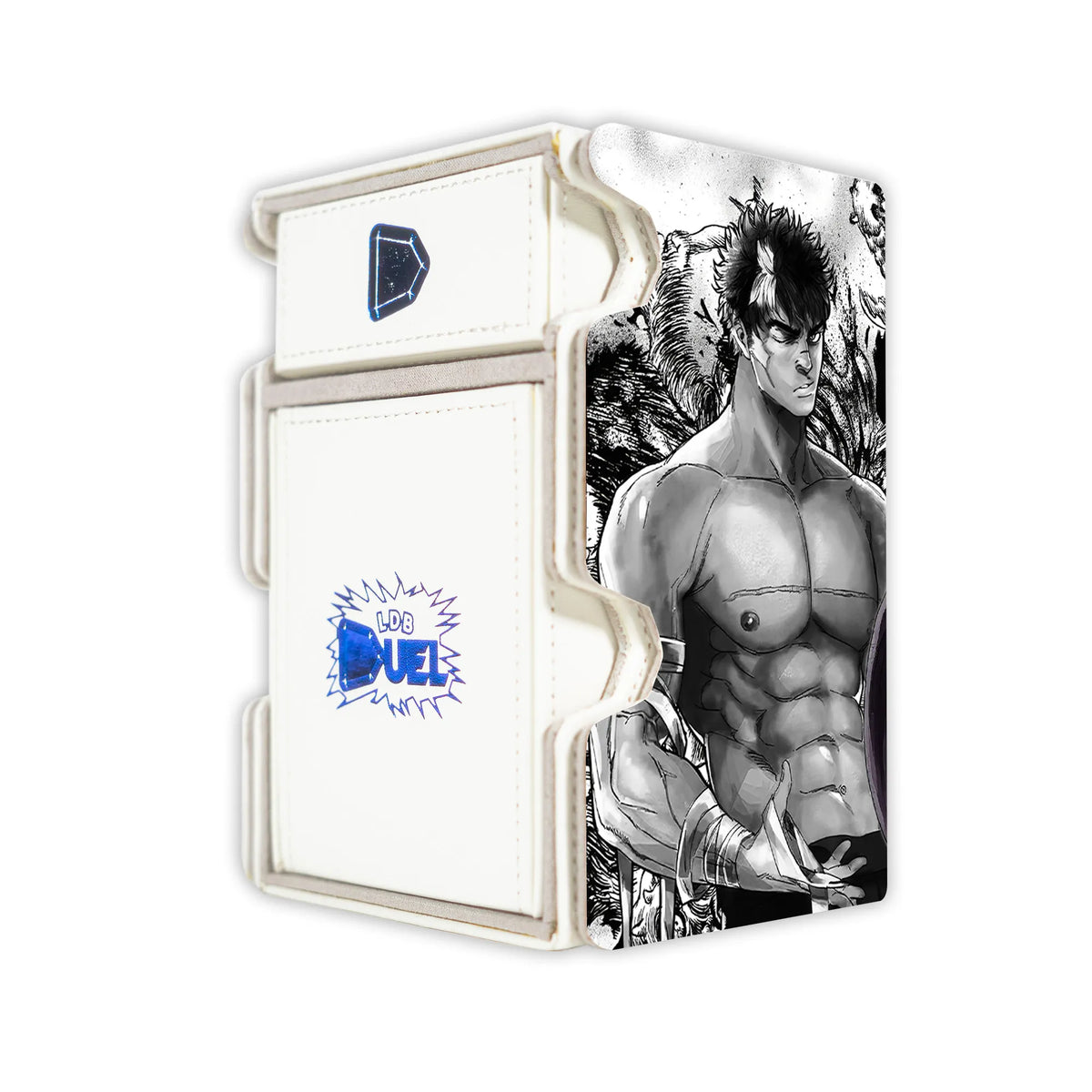 Here is the Right View of the Guts and Griffith Mach 3 White Deck Box. Griffith-anime-deck-tray-dice-tray-LDB-Duel