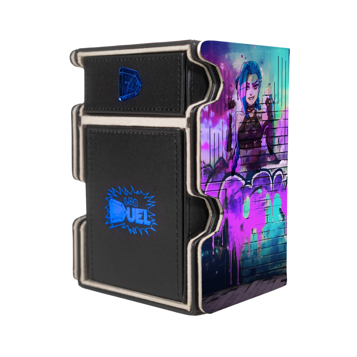 Here is the Right View of the Jinx | Arcane Mach 3 Black Deck Box. Gun-anime-deck-tray-dice-tray-LDB-Duel