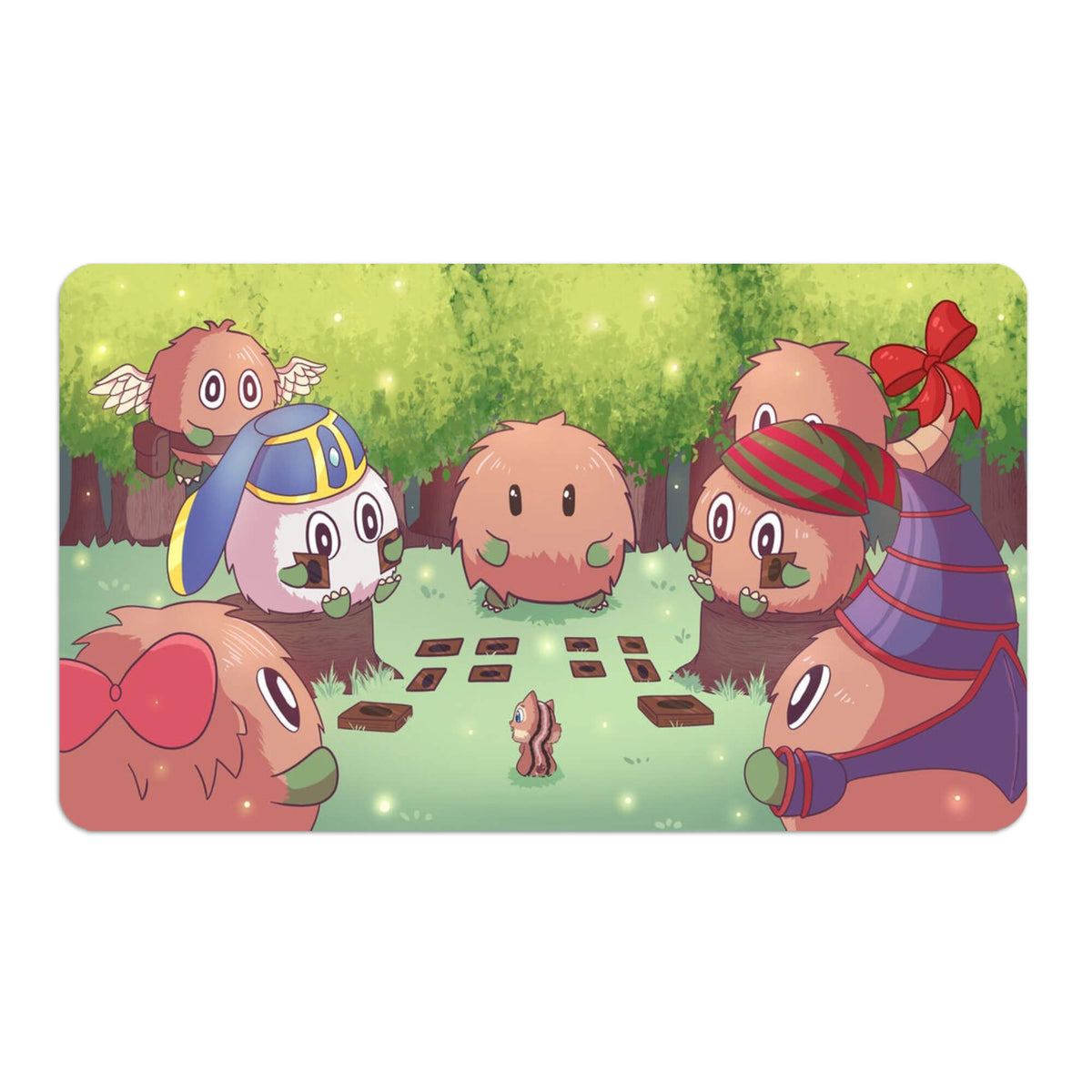 Transform your dueling experience with LDB Duel featuring our exclusive art Kuri Family Duel playmat! Featuring a soft cloth top for smooth card movement and a durable rubber back for a secure grip, this 24x14 inch mat is machine washable and safe for cards and sleeves. Kuriboh-yugioh-mtg-pokemon-custom-artwork-premium-durable-rubber-ldb-duel