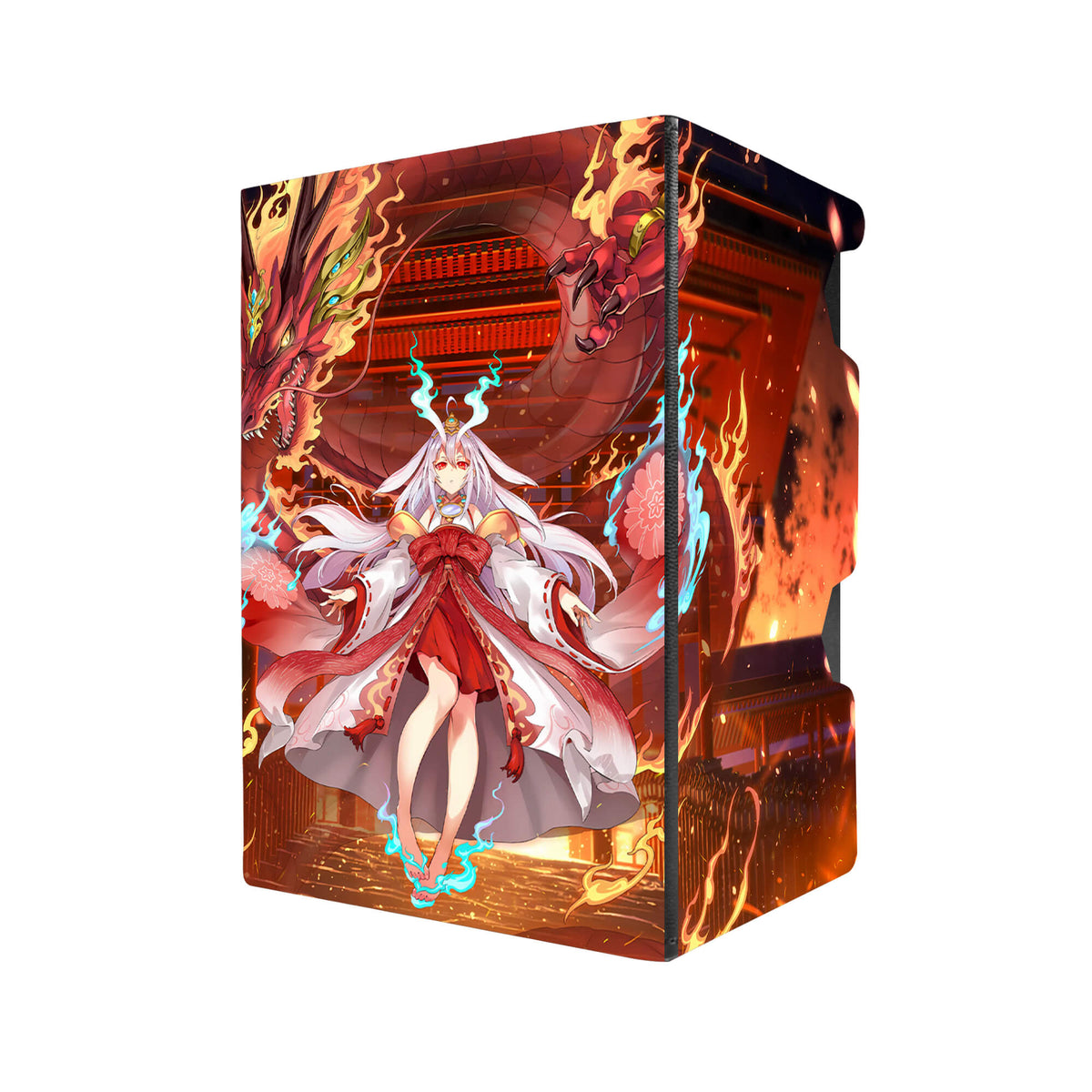 Here's another quality black deck box from LDB Duel featuring our exclusive Kurikara Divincarnate art. Fits all types of trading card games, including Pokémon, Yu-Gi-Oh! and Magic The Gathering. The perfect card holder for the TCG player safely holds up to 100 double-sleeved cards. EVEN in extra thick sleeves. Comes with a pull-out dice tray. Fire-yugioh-tcg-accessories-card-storage-LDB-Duel