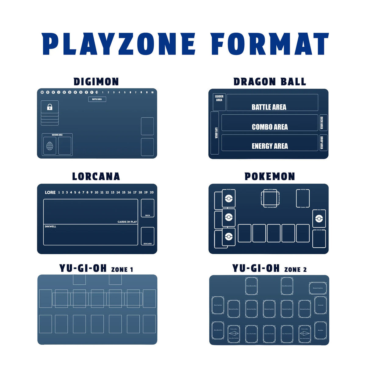 LDBDuel Playmat – Playzone Format offers dedicated layouts for popular trading card games, including Digimon, Dragon Ball, Lorcana, Pokémon, and Yu-Gi-Oh! Each playzone design features clearly marked areas to help organize cards, decks, battle zones, resources, and other game components during play. The Yu-Gi-Oh! Zone 1 and Zone 2 layouts provide different configurations to suit different playstyles and setups. Perfect for competitive TCG players, casual gamers, tournaments, and collectors, these cus