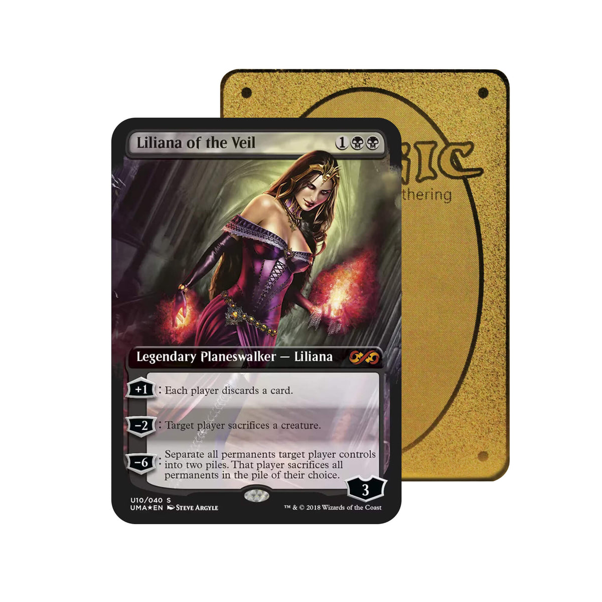 Level up your game with our custom-printed metal orica cards, featuring exclusive Liliana of the Veil artwork in gold metal. Durable, scratch-resistant, and embossed with the iconic Yu-Gi-Oh! card back, these slim orica cards fit perfectly in card sleeves. Planeswalker-mtg-yugioh-pokemon-metal-card-embossed-design-custom-artwork-duel-accessories-ldb-duel