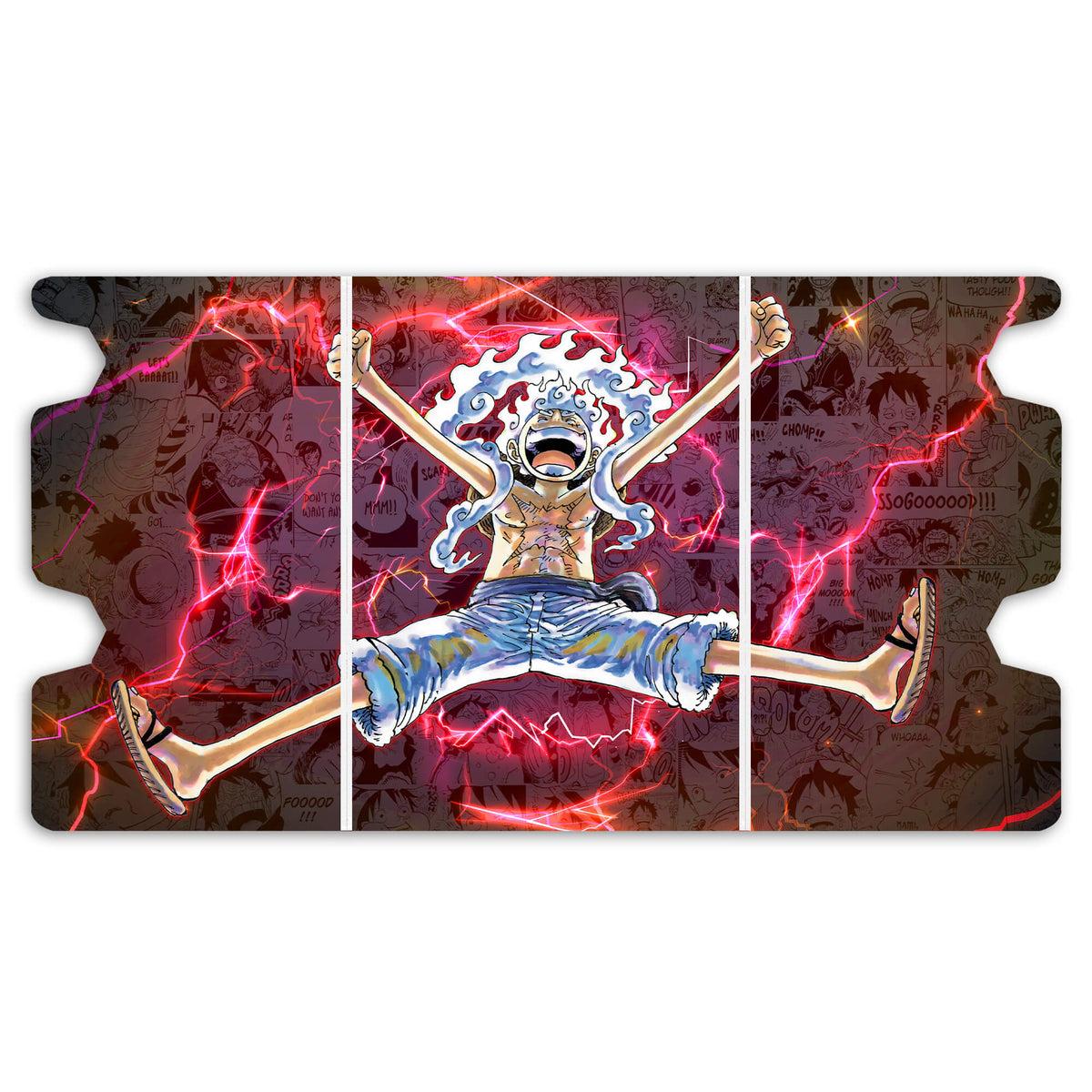Here is the Full Lid Design of the Luffy: Sun God Nika Mach 3 White Deck Box. Gear-5-anime-custom-deck-portable-collector-LDB-Duel