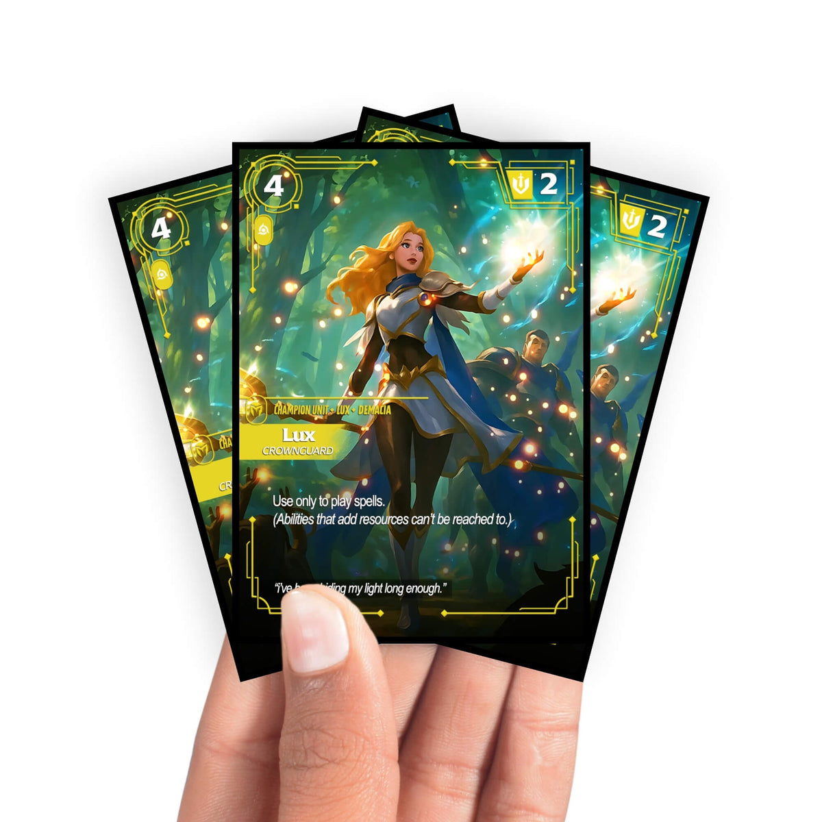 Enhance your cards with our elegant black border card sleeves, featuring a sleek, sophisticated design for a bold, modern aesthetic. From LDB Duel. Perfect for showcasing your collection, these sleeves are printed with our exclusive Lux Crownguard design. Demacia-anime-yugioh-mtg-pokemon-card-protection-standard-japanese-dragon-shield-LDB-Duel-black
