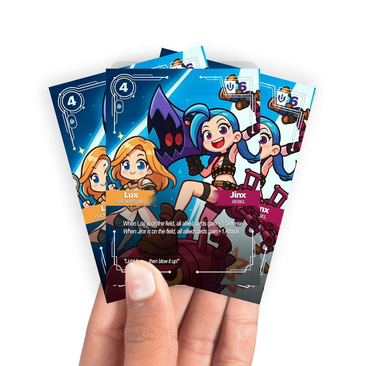 Keep your cards safe and stylish with our borderless card sleeves. Designed edge-to-edge to showcase your artwork, they offer a sleek, modern aesthetic. From LDB Duel, printed with the exclusive Lux and Jinx design for a fresh, premium feel.Champion-yugioh-mtg-pokemon-card-protection-standard-japanese-dragon-shield-LDB-Duel-borderless