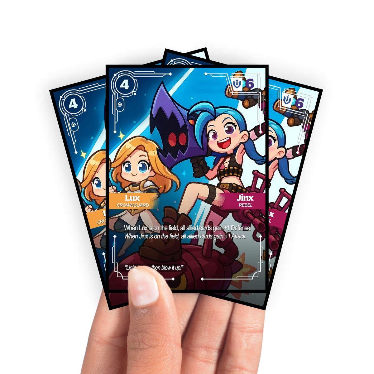 Enhance your cards with our elegant black border card sleeves, featuring a sleek, sophisticated design for a bold, modern aesthetic. From LDB Duel. Perfect for showcasing your collection, these sleeves are printed with our exclusive Lux and Jinx design. Chompers-anime-yugioh-mtg-pokemon-card-protection-standard-japanese-dragon-shield-LDB-Duel-black