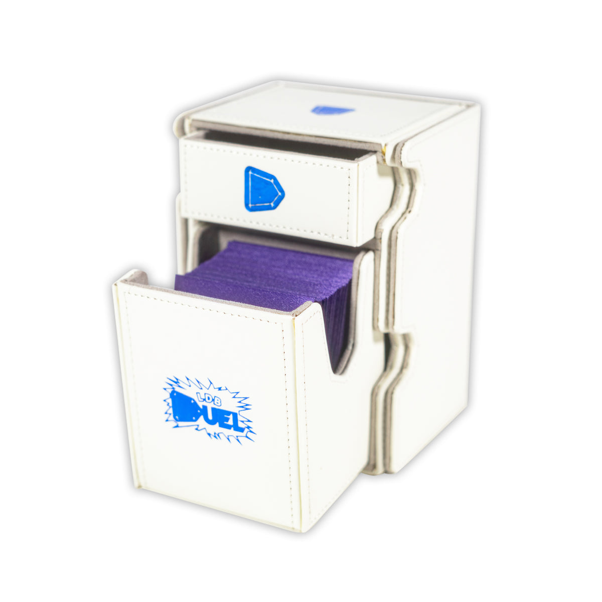 Here's the white version of the Mach 3 deck box from LDB Duel. Holds up to 100 double-sleeved cards. Even thick sleeves. Fits all types of trading card games, including Yu-Gi-Oh! The perfect card holder for the TCG player safely holds up to 100 double-sleeved cards. It also comes with a pull-out dice tray that's great for counters and tokens. - sleeve for cards, sleeves, card sleeves,