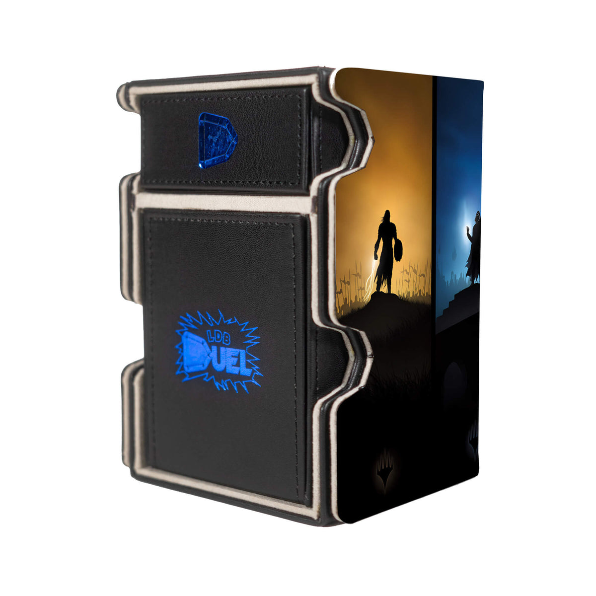 Here is the Right View of the Magic Origins Mach 3 Black Deck Box. Planeswalkers-mtg-deck-tray-dice-tray-LDB-Duel