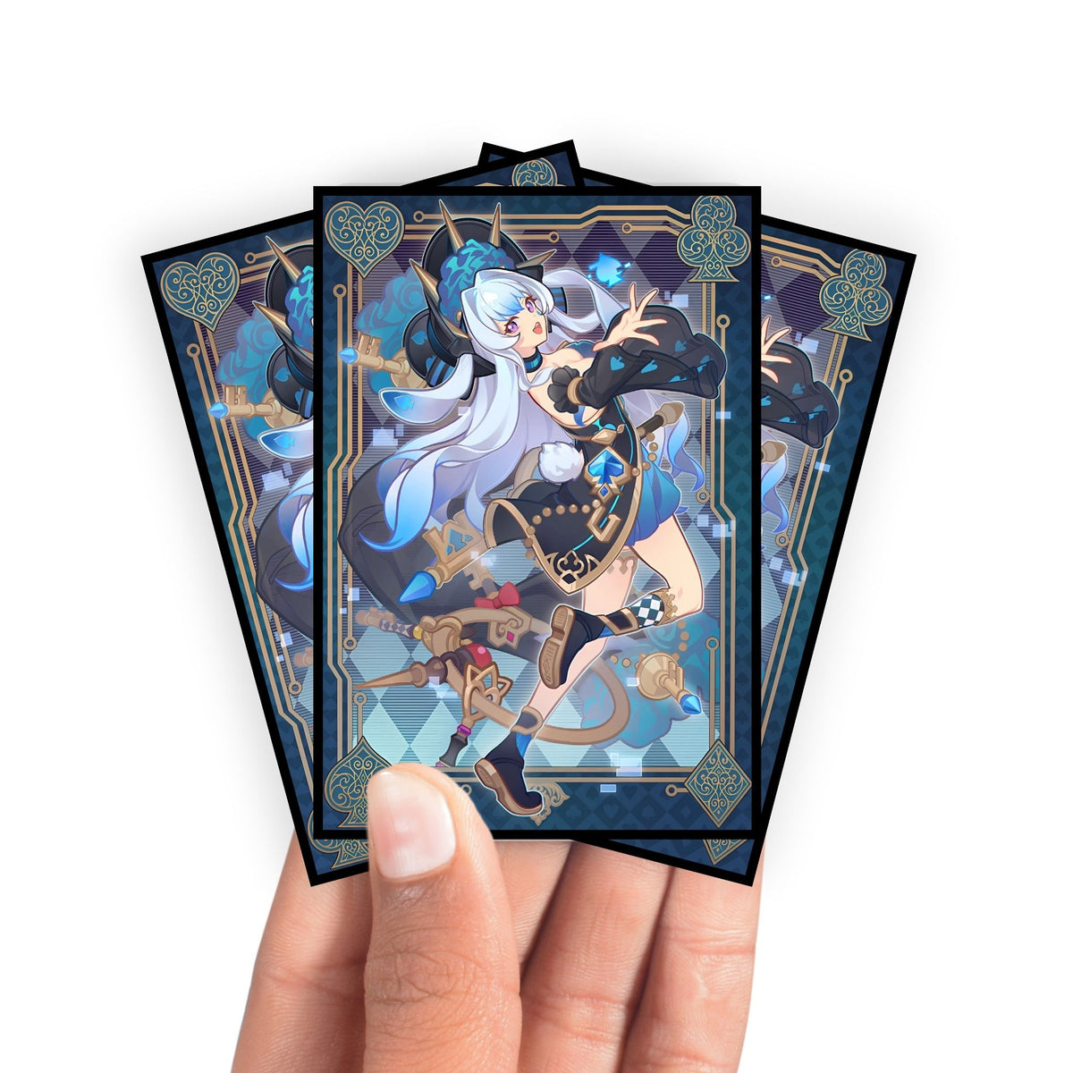 Enhance your cards with our elegant black border card sleeves, featuring a sleek, sophisticated design for a bold, modern aesthetic. From LDB Duel. Perfect for showcasing your collection, these sleeves are printed with our exclusive Maliss March Hare design. Spades-yugioh-mtg-pokemon-card-protection-standard-japanese-dragon-shield-LDB-Duel-black