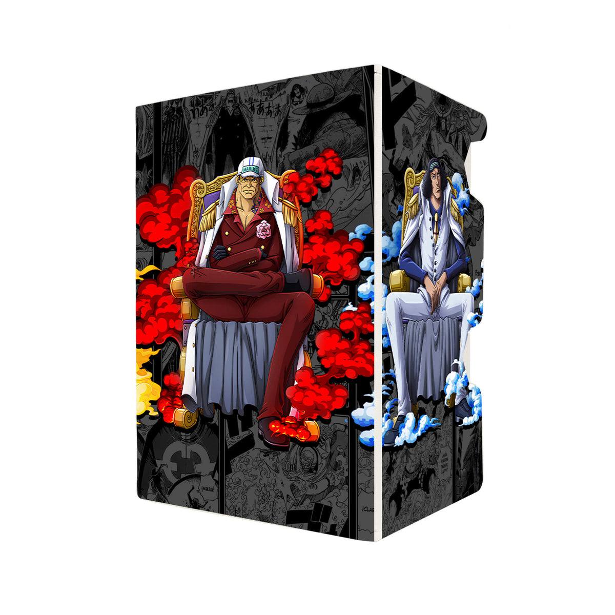 Here's another quality white deck box from LDB Duel featuring our exclusive Marine Admirals art. Fits all types of trading card games, including Pokémon, Yu-Gi-Oh! and Magic The Gathering. The perfect card holder for the TCG player safely holds up to 100 double-sleeved cards. EVEN in extra thick sleeves. Comes with a pull-out dice tray. Marineford-onepie-tcg-accessories-card-storage-LDB-Duel