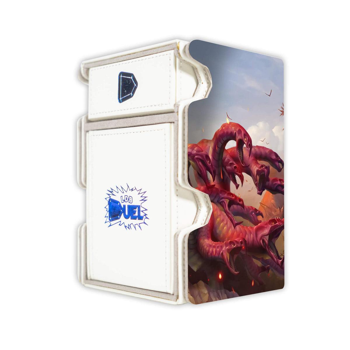 Here is the Right View of the Mistcutter Hydra - Kalonian Hydra - Voracious Hydra Mach 3 White Deck Box. Theros-mtg-deck-tray-dice-tray-LDB-Duel