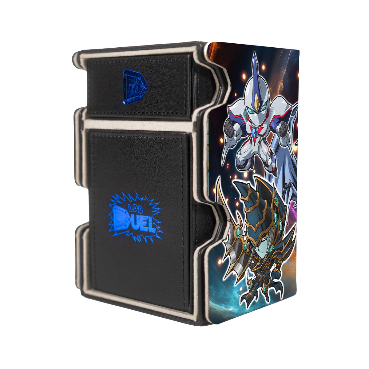 Here is the Right View of the Monster Mayhem Mach 3 Black Deck Box. Junk-Warrior-yugioh-deck-tray-dice-tray-LDB-Duel