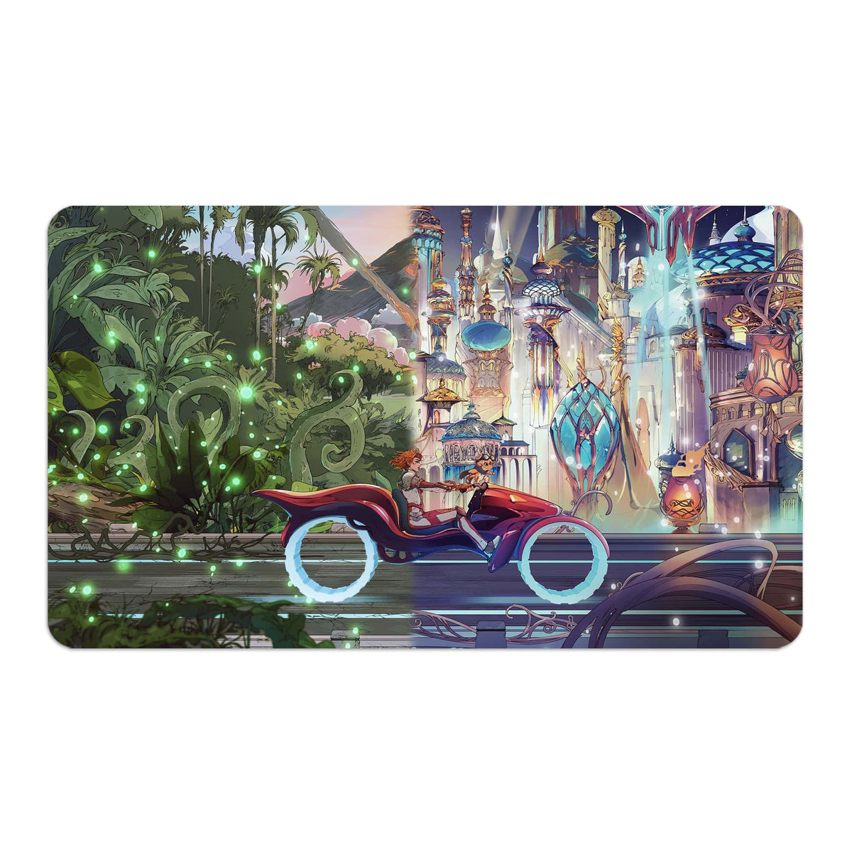 Transform your dueling experience with LDB Duel featuring our exclusive art Muraganda and Avishkar playmat! Featuring a soft cloth top for smooth card movement and a durable rubber back for a secure grip, this 24x14 inch mat is machine washable and safe for cards and sleeves. Aetherdrift-mtg-yugioh-pokemon-custom-artwork-premium-durable-rubber-ldb-duel