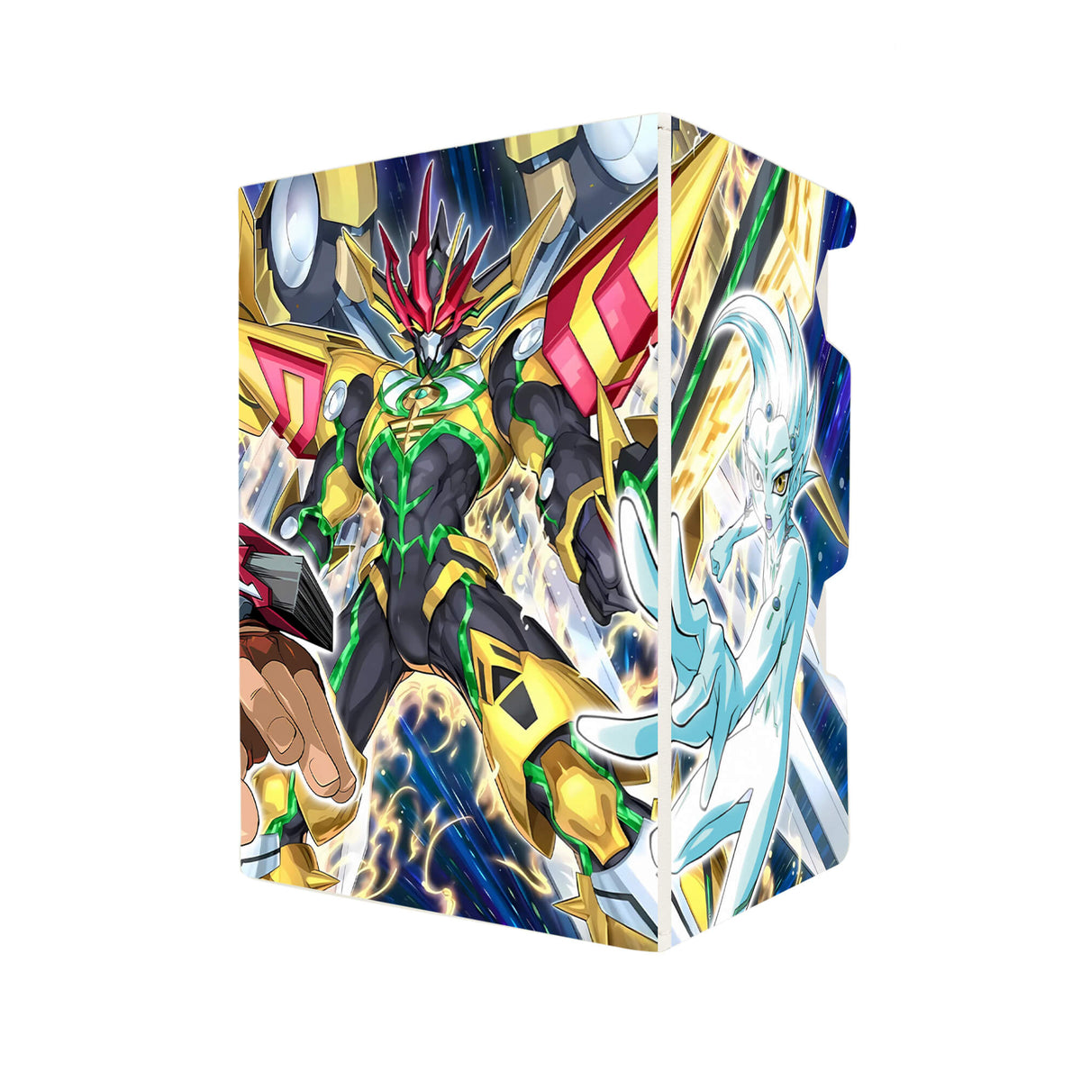 Here's another quality white deck box from LDB Duel featuring our exclusive Number F0: Utopic Future Zexal art. Fits all types of trading card games, including Pokémon, Yu-Gi-Oh! and Magic The Gathering. The perfect card holder for the TCG player safely holds up to 100 double-sleeved cards. EVEN in extra thick sleeves. Comes with a pull-out dice tray. Future-Slash-ygo-magic-digimon-card-protector-gaming-accesories-LDB-Duel