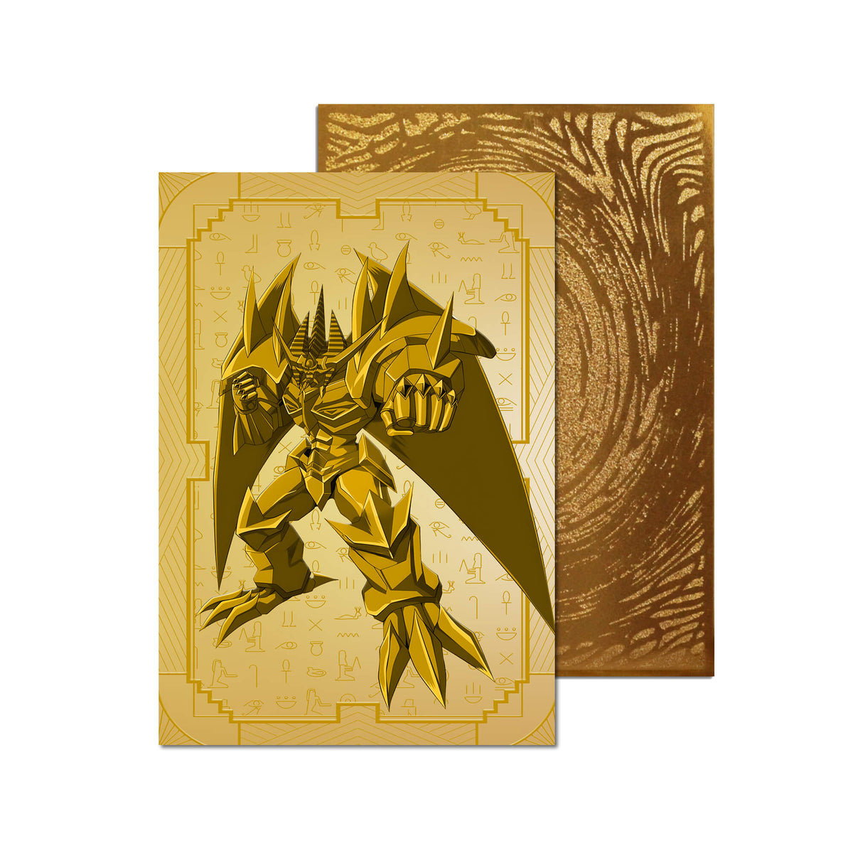 Level up your game with our custom-printed metal orica, featuring exclusive Obelisk: Titan God artwork in gold metal. Durable, scratch-resistant, and embossed with the iconic Yu-Gi-Oh! card back, these slim orica cards fit perfectly in card sleeves. Egyptian-yugioh-mtg-pokemon-metal-card-embossed-design-custom-artwork-duel-accessories-ldb-duel