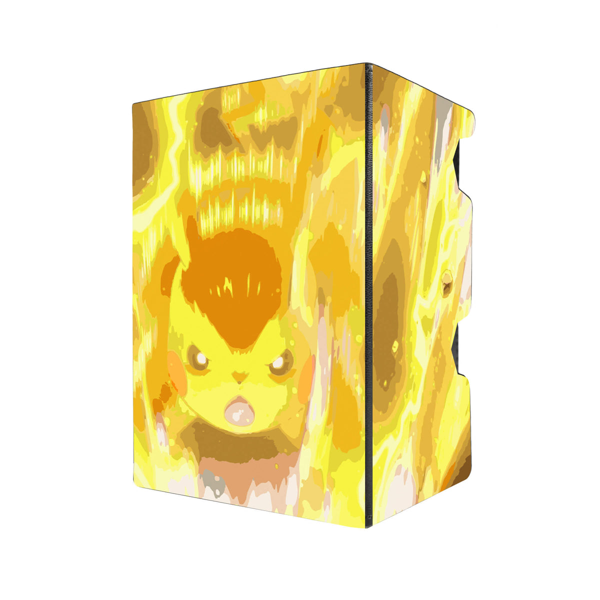 Here's another quality black deck box from LDB Duel featuring our exclusive Pikachu art. Fits all types of trading card games, including Pokémon, Yu-Gi-Oh! and Magic The Gathering. The perfect card holder for the TCG player safely holds up to 100 double-sleeved cards. EVEN in extra thick sleeves. Comes with a pull-out dice tray. Thunderbolt-pokemon-tcg-accessories-card-storage-LDB-Duel