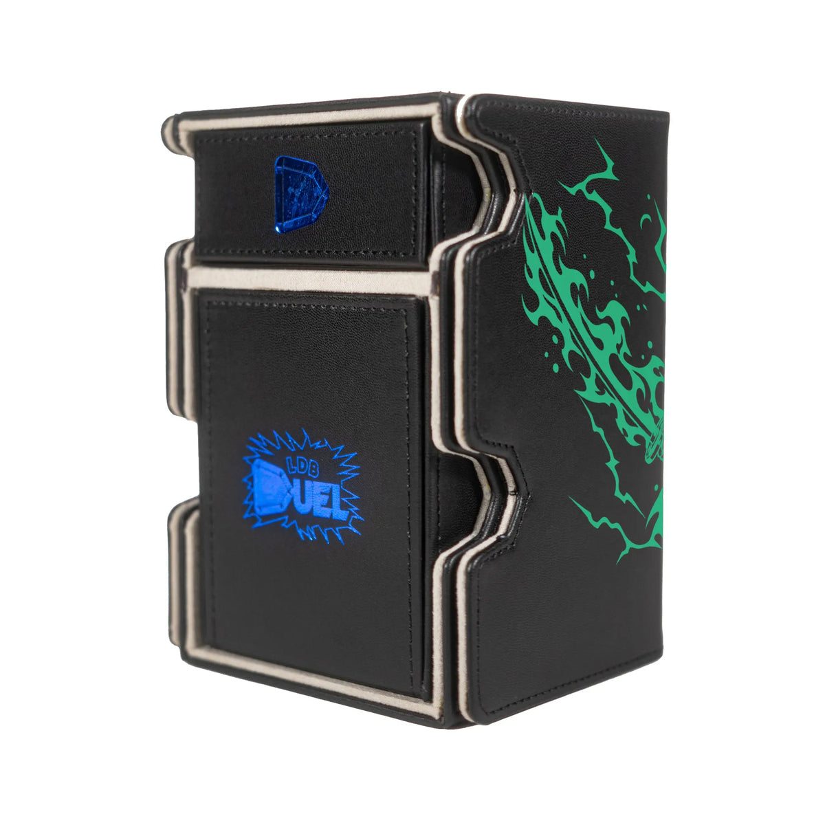 Here is the Right View of the Pirate Hunter Zoro Mach 3 Black Deck Box. Three-Sword-onepiece-deck-tray-dice-tray-LDB-Duel