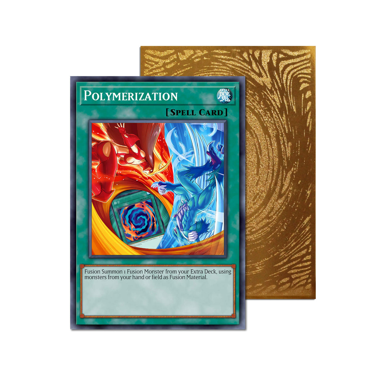 Level up your game with our custom-printed metal orica cards, featuring exclusive Polymerization artwork in gold metal. Durable, scratch-resistant, and embossed with the iconic Yu-Gi-Oh! card back, these slim orica cards fit perfectly in card sleeves. Instant-Fusion-yugioh-mtg-pokemon-metal-card-embossed-design-custom-artwork-duel-accessories-ldb-duel